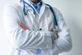 Photo of body of doctor in white lab coat with stethoscope on his neck in half-turn with folded hands against white wall in hospit