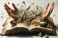 A photo of a book with hands holding it open and rocks exploding out of it Royalty Free Stock Photo