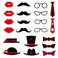 Photo booth birthday and party vector set with lips, mustaches, glasses, hats bow tie Royalty Free Stock Photo
