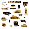 Photo booth props for graduation party. Congrats graduates. Photobooth vector set in gold and black. Hat, diploma, bubbles with