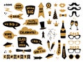 Photo booth props for graduation party. Congrats graduates. Photobooth vector set in gold and black. Hat, tie, glasses, diploma,