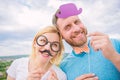 Photo booth props. Man with beard and woman having fun party. Add some fun. Making funny photos birthday party. Just for