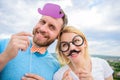 Photo booth props. Man with beard and woman having fun party. Add some fun. Making funny photos birthday party. Just for