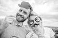 Photo booth props. Man with beard and woman having fun party. Add some fun. Making funny photos birthday party. Just for