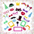 Photo booth vector mask glasses costume hat on birthday party wedding photobooth set collection mustache lips decoration Royalty Free Stock Photo