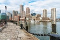 Boston skyline from a cobbled harbourside path Royalty Free Stock Photo