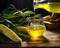 photo of a bottle of virgin extra corn oil pouring into a glass.