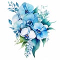 Teal Blue Orchid Watercolor Flower Bouquet Clipart - Naturalistic Floral Arrangement