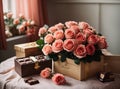 Photo of a bouquet of roses and chocolate, symbolizing tenderness and sweet moments.