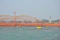 Photo of bow and arrow shaped Shiv Dhanush bridge over holy river Ganga in Har ki pauri, Haridwar, Uttarakhand, India