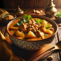 A photo of a bowl of chicken Massaman curry with potatoes