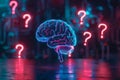 A photo of the brain with question marks all around, on a blurred background, in neon light. The concept of solving complex