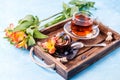 Photo of breakfast on wooden tray, cake Royalty Free Stock Photo