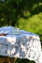 A corner of a garden table covered with a lace tablecloth, a cup of coffee and chocolate