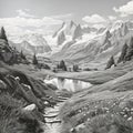 Intricate Black And White Drawing Of Austrian Alps