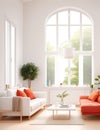 A white couch with orange pillows in a room with windows Generative AI Royalty Free Stock Photo