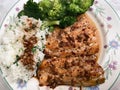 Broiled Pink Salmon Teriyaki With Cilantro Rice and Broccoli