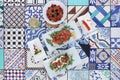 Photo of brunch / lunch / breakfast displayed on colorful tiles