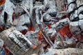 Photo Burning firewood and coals.Flaming burning sparks close-up, fire patterns.View of red hot glowing wood inside stove.Embers Royalty Free Stock Photo