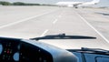 Image of bus with passengers riding towards jet airplane on airport runway before flight Royalty Free Stock Photo