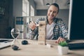 Photo of business guy ignoring working computer monitor lazy secretary playing jenga game building blocks tower toothy Royalty Free Stock Photo