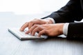 Photo businessman typing message, hands keyboard. Blurred background - Image