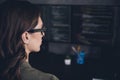 Photo of busy confident lady freelancer wear spectacles debugging modern device app indoors workplace workshop