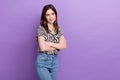 Photo cadre of young confident specialist fashion designer woman wear print zebra shirt skinny jeans isolated on violet