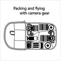 Photo camera bag with camera gear top view. Vector Royalty Free Stock Photo