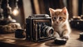 photo camera A charming kitten with a glossy coat, curiously inspecting a vintage camera on a rustic wooden table
