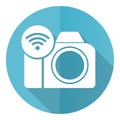 Photo camera, communication, wifi blue vector icon, flat design illustration in eps 10 Royalty Free Stock Photo