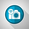 Photo camera, communication, wifi symbol, flat design vector blue icon with long shadow Royalty Free Stock Photo