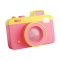 Photo camera 3d render illustration. Pink and yellow compact digital photocamera with lens and flash. Royalty Free Stock Photo