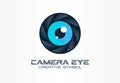 Photo camera eye, digital vision creative symbol concept. Cctv, video monitoring abstract business logo idea. Diaphragm