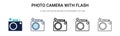 Photo camera with flash icon in filled, thin line, outline and stroke style. Vector illustration of two colored and black photo Royalty Free Stock Photo