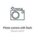 Photo camera with flash outline vector icon. Thin line black photo camera with flash icon, flat vector simple element illustration Royalty Free Stock Photo