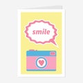 Photo Camera in flat design style. Pink heart. Text bubble smile. Love greeting card. Yellow background.