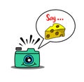 Photo camera hand drawn with the words say cheese bubble text Royalty Free Stock Photo