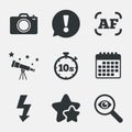 Photo camera icon. Flash light and autofocus AF. Royalty Free Stock Photo