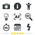 Photo camera icon. Flash light and autofocus AF. Royalty Free Stock Photo