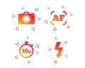 Photo camera icon. Flash light and autofocus AF. Vector Royalty Free Stock Photo