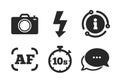 Photo camera icon. Flash light and autofocus AF. Vector Royalty Free Stock Photo