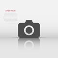 Photo camera icon in flat style. Photographer cam equipment vector illustration on white isolated background. Camera business Royalty Free Stock Photo