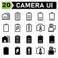 Photo Camera icon set include shadow, option, camera, device, house, bars, battery, energy, full, middle, low, very low, empty, Royalty Free Stock Photo