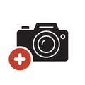 Photo camera icon, technology icon with add sign. Photo camera icon and new, plus, positive symbol