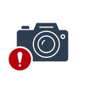 Photo camera icon, technology icon with exclamation mark. Photo camera icon and alert, error, alarm, danger symbol