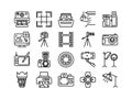 Photo camera icons. Line photography pictograms. Outline portrait studio photographic equipment with cam. Film frame