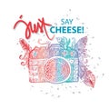Photo camera with just say cheese! hand lettering. Royalty Free Stock Photo
