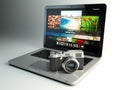 Photo camera and laptop with image viewer on the screen. Digital Royalty Free Stock Photo