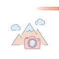Photo camera and mountain peak line vector icon Royalty Free Stock Photo